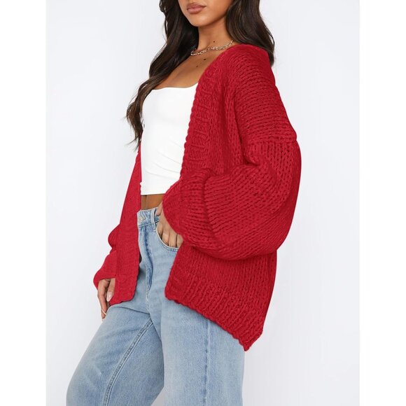 Womens Trendy Cardigan Sweaters Red Long Sleeve Chunky Knit Outfits - Picture 5 of 8